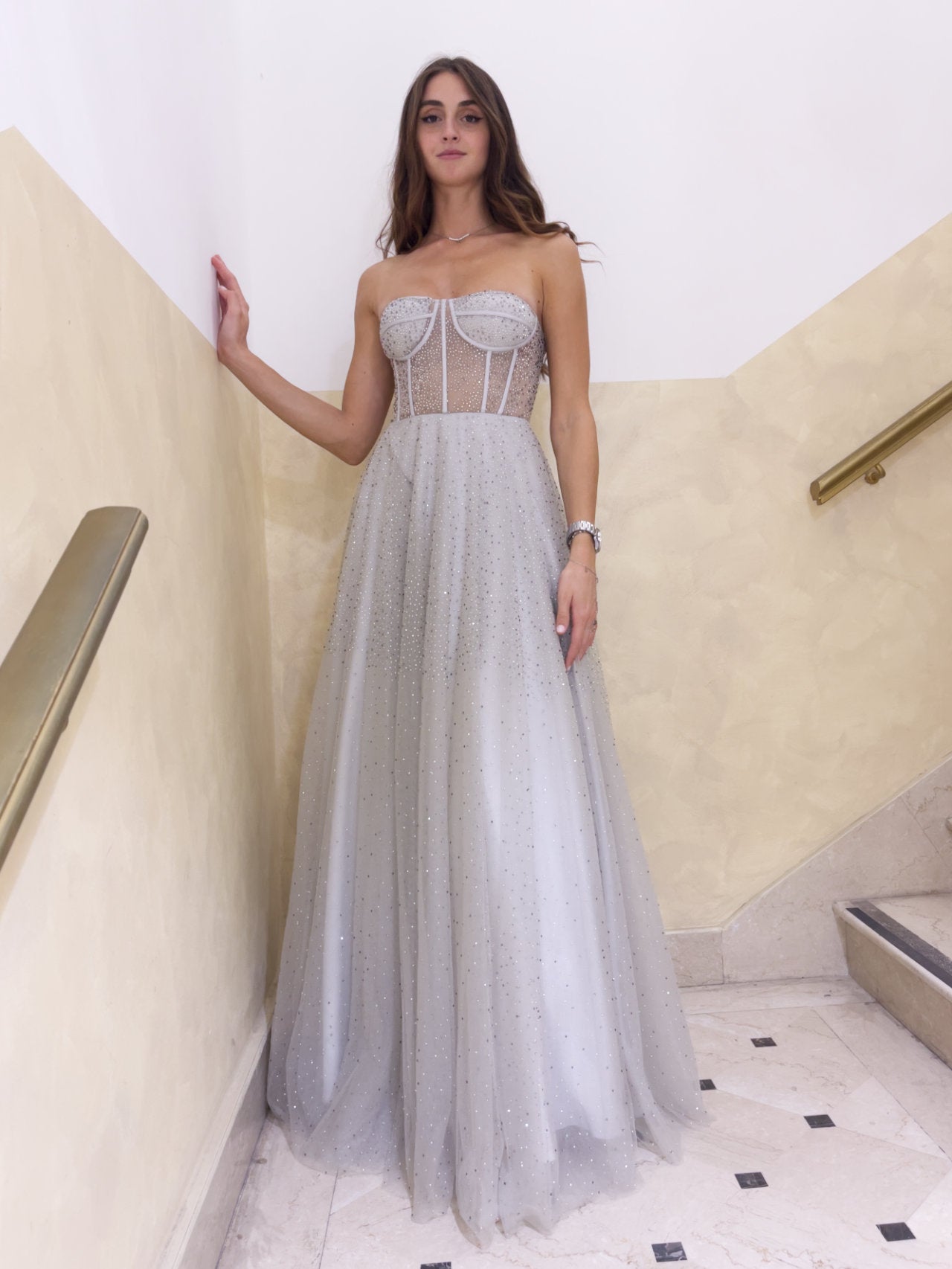 Strass Vestito Da Cerimonia Grigio Perla Abito Cerimonia Abito