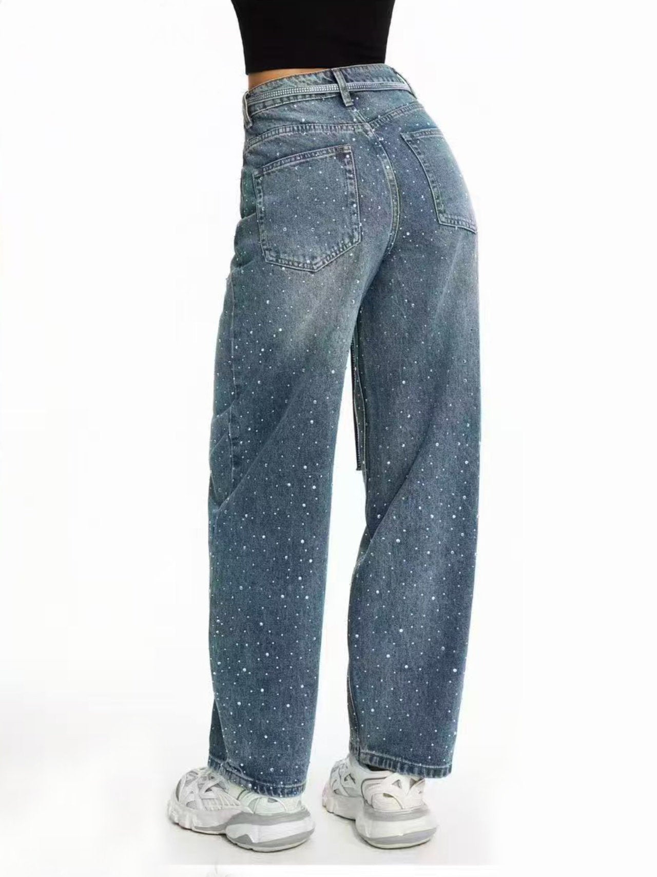 Jeans con strass e cinta - mom fit