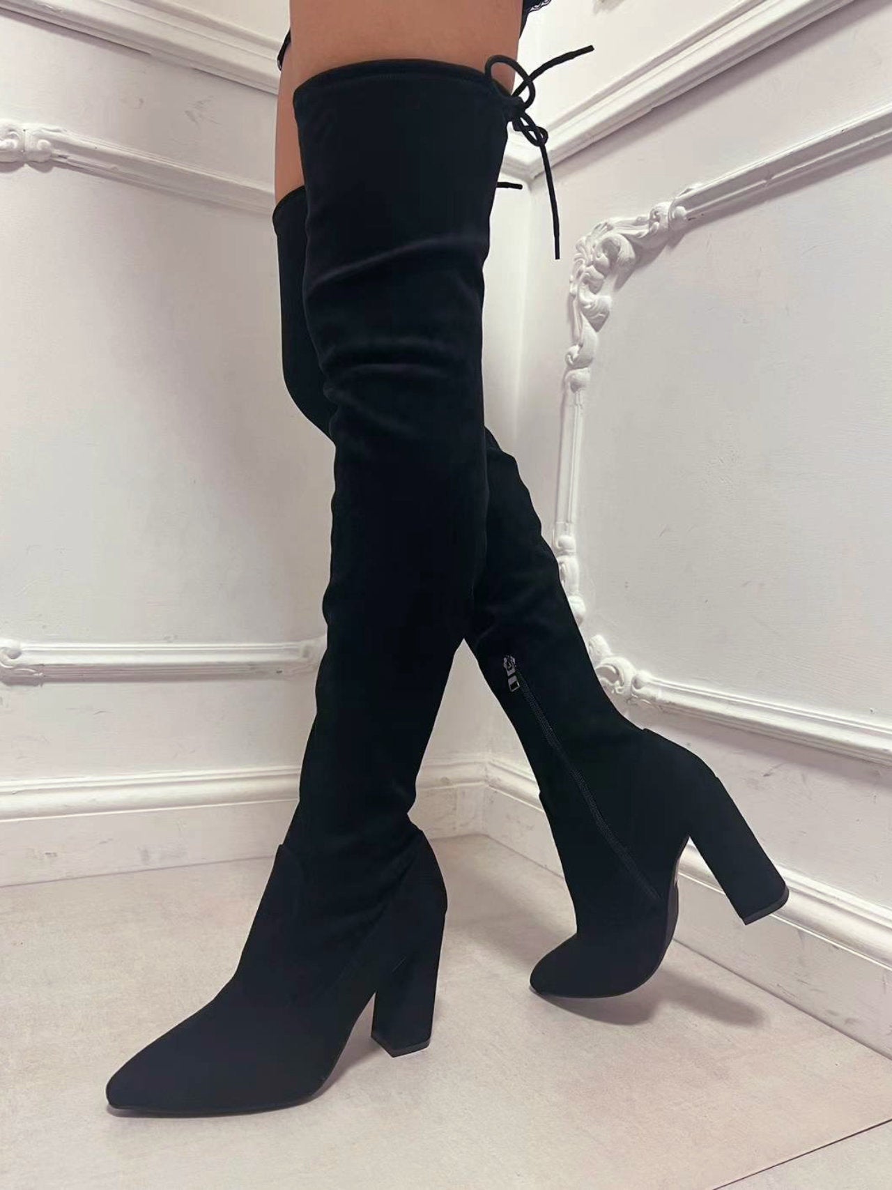 Tacco Largo Stivali Neri Camoscio Tacco Stivaletti Stivali Tacchi