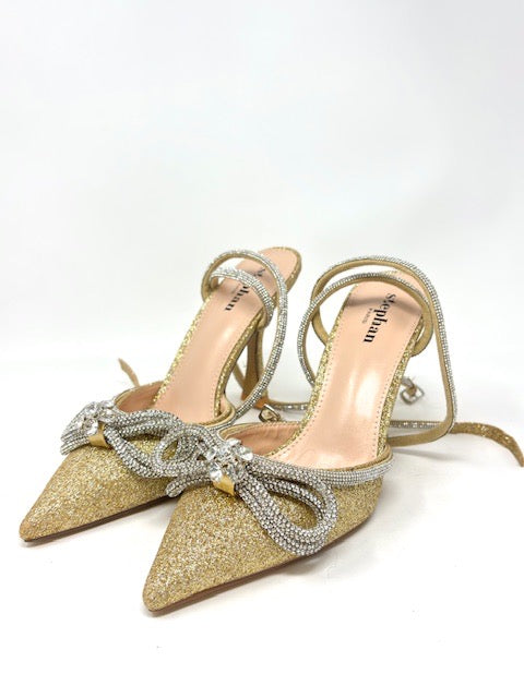 Décolleté glitter con fiocco di strass