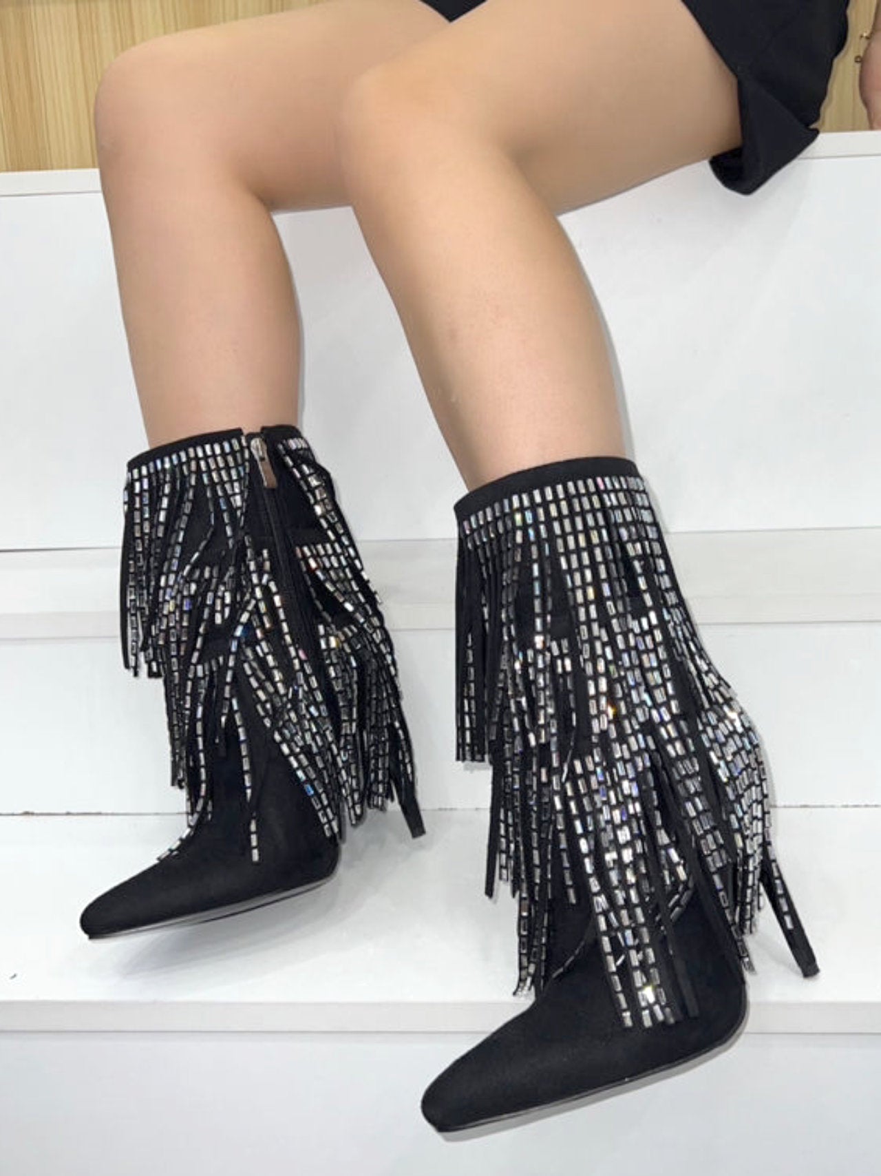 Stivali Donna Stivali Con Frange Neri Tronchetti Con Frange Strass