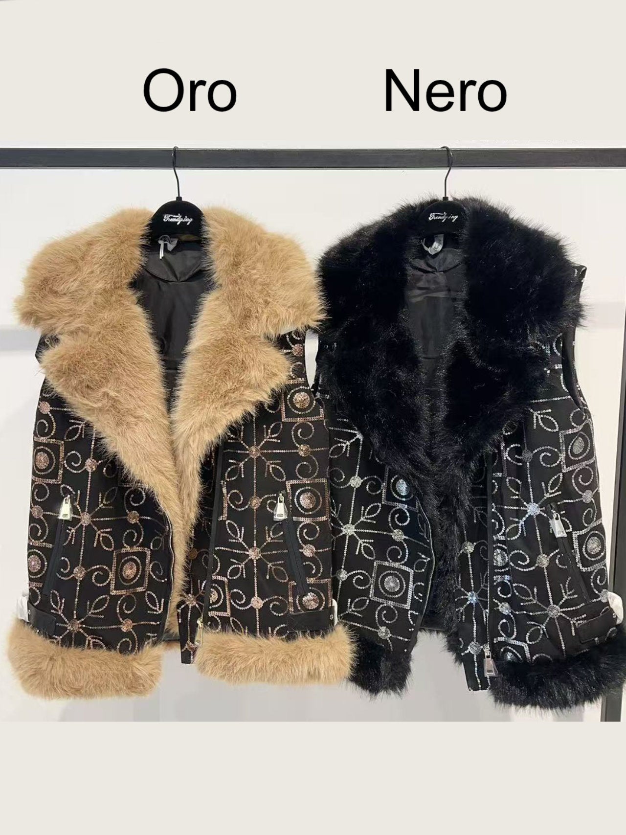 Gilet imbottito con paillettes e pelliccia