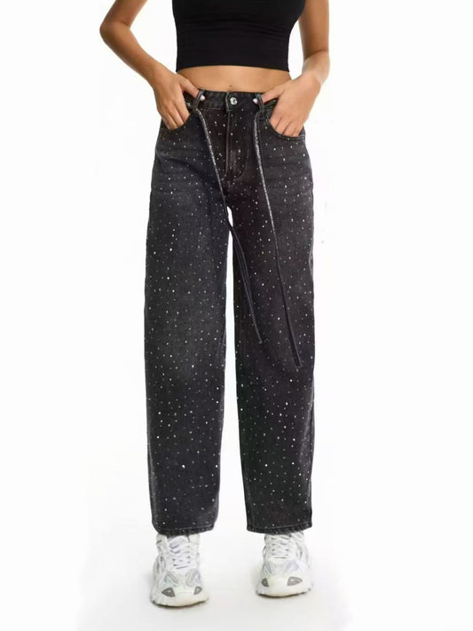 Jeans con strass e cinta - mom fit