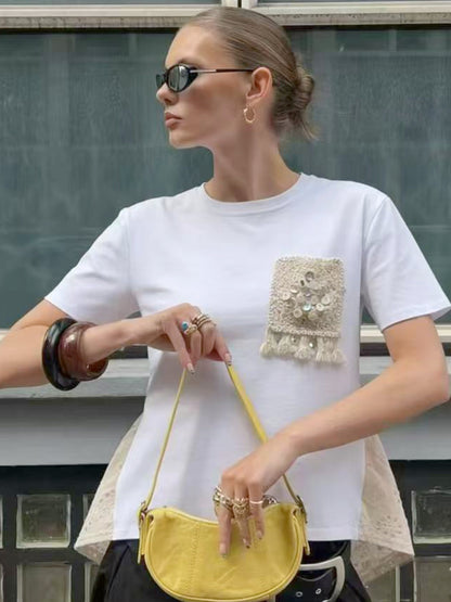 T-shirt con taschino uncinetto