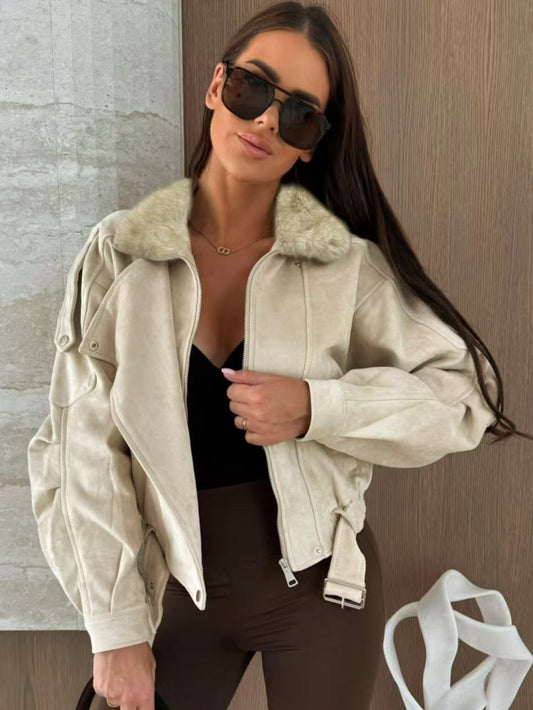 Giubbino scamosciato con collo in pelliccia