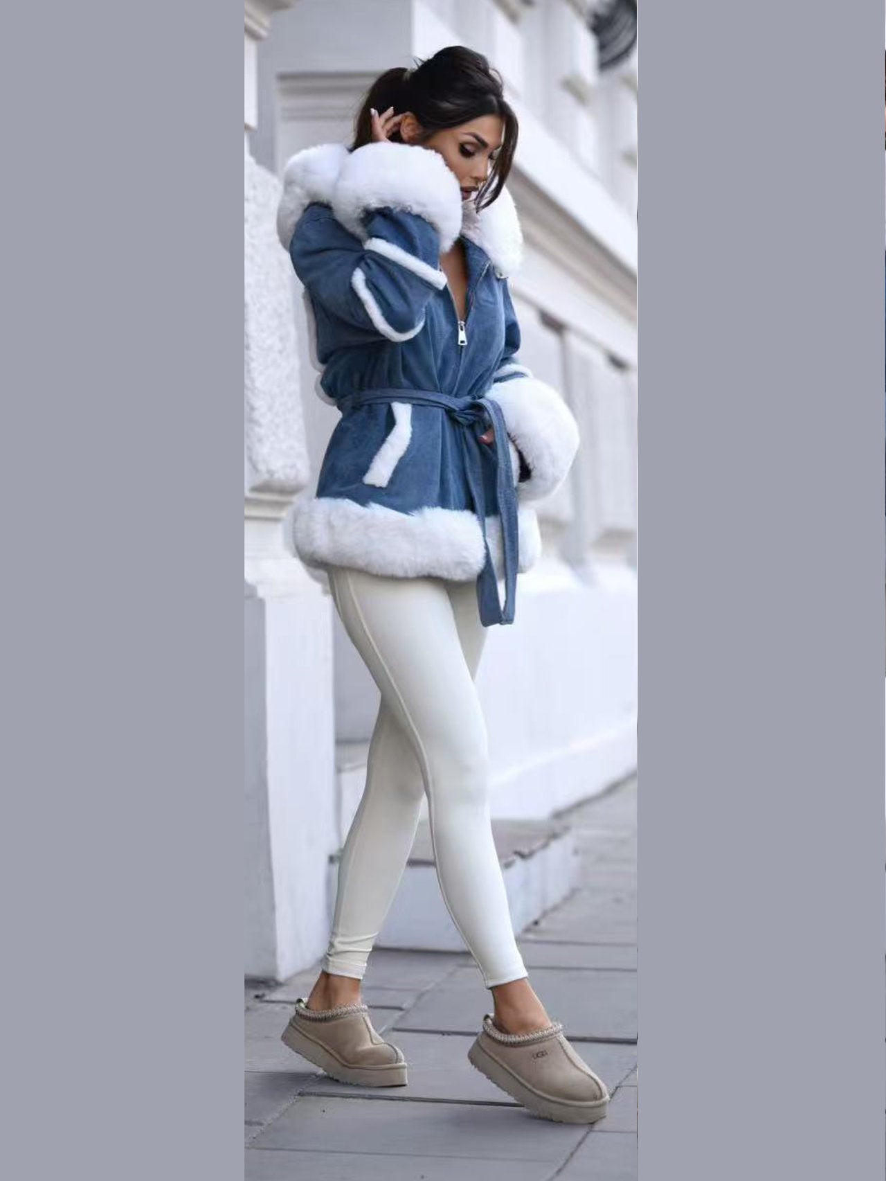 Giubbino jeans con cappuccio e pelliccia