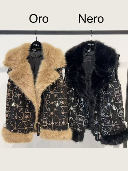 Gilet imbottito con paillettes e pelliccia